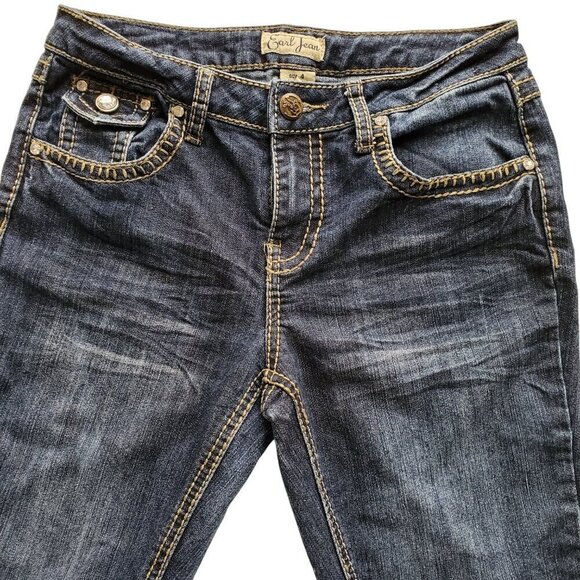 Earl Jeans Straight Leg Embellished Thick Stitching Crystal Button Flap Pocket 4 - Picture 4 of 16